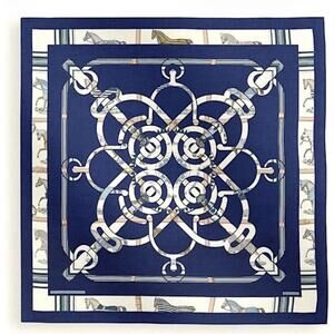 Hermes Shawl Scarf Eperon d'Or et Tenues de Jour Navy Cashmere Silk Auth New 140